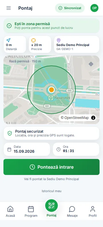Ecranul de pontare din Flow, cont demo
